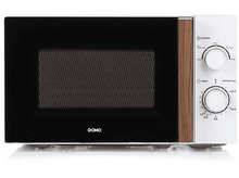 Charger l&#39;image dans la galerie, Un micro-ondes blanc avec une porte noire et des accents en bois marron. Boutons pour la puissance, la minuterie et le dégivrage.
