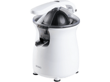 Charger l&#39;image dans la galerie, Presse-agrumes électrique blanc et noir. Il a un couvercle transparent et un bec verseur.
