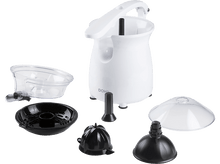 Charger l&#39;image dans la galerie, Un dénoyauteur à cerises blanc avec plusieurs pièces détachables sur une surface blanche.
