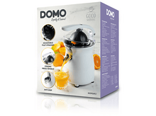 Charger l&#39;image dans la galerie, La boîte du presse-agrumes DOMO montre le presse-agrumes, une orange et un verre de jus, avec fonctions.
