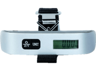 Balance à bagages argentée avec affichage numérique indiquant 0,00 kg. Sangle noire pour attache.