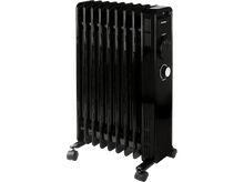 Charger l&#39;image dans la galerie, Radiateur noir rempli d&#39;huile avec commandes de température et roulettes.
