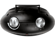 Charger l&#39;image dans la galerie, Un radiateur noir avec deux boutons argentés. Le radiateur a une poignée.
