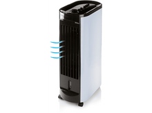 Charger l'image dans la galerie, Refroidisseur d'air blanc et noir avec des lignes de flux d'air bleues, sur roulettes.

