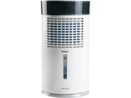 Refroidisseur d'air blanc et noir. Il a un corps blanc avec un dessus noir. La marque DOMO est visible.