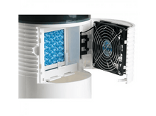 Charger l&#39;image dans la galerie, Intérieur de l&#39;humidificateur avec un filtre bleu et un ventilateur. Boîtier blanc et vert.
