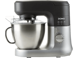 Mixeur de cuisine argenté et noir. Bol en acier inoxydable, couvercle en plastique transparent. Marque DOMO. Molette de vitesse latérale.
