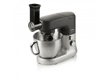 Charger l&#39;image dans la galerie, Mixeur de cuisine argenté et noir avec un accessoire de broyeur. Le mixeur est sur un fond blanc.
