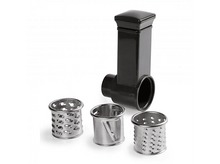 Charger l&#39;image dans la galerie, Râpe avec trois accessoires de râpage différents. Toutes les pièces sont argentées et noires.
