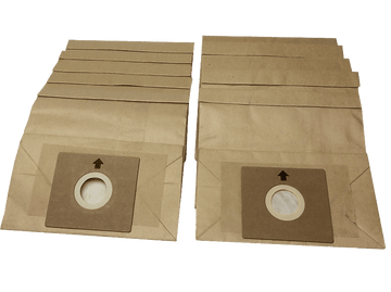 Deux sacs d'aspirateur rectangulaires. Brun avec ouverture circulaire et flèche.