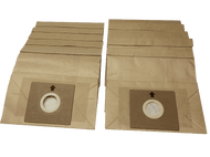 Deux sacs d'aspirateur rectangulaires. Brun avec ouverture circulaire et flèche.