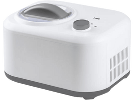 Machine à crème glacée blanche et grise. Elle a une poignée et un bouton de commande. Le mot DOMO est visible.