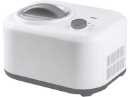 Machine à crème glacée blanche et grise. Elle a une poignée et un bouton de commande. Le mot DOMO est visible.