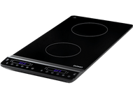 Une table de cuisson à induction noire à deux brûleurs avec des affichages numériques.