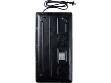 Charger l&#39;image dans la galerie, Vue de dessous d&#39;une table de cuisson à induction noire avec deux ventilateurs et un cordon.
