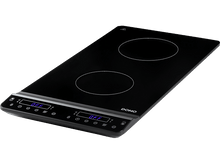 Charger l&#39;image dans la galerie, Une plaque de cuisson à induction noire avec deux zones de cuisson circulaires. Les dimensions sont indiquées sur l&#39;image.
