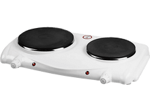Charger l&#39;image dans la galerie, Plaque chauffante double blanche, deux éléments chauffants noirs, avec voyants rouges et boutons de commande.
