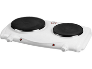 Plaque chauffante double blanche, deux éléments chauffants noirs, avec voyants rouges et boutons de commande.