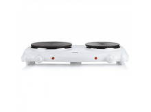 Charger l&#39;image dans la galerie, Une plaque chauffante électrique double blanche avec deux éléments chauffants circulaires noirs.
