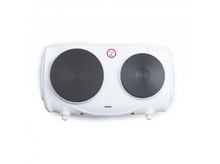 Charger l&#39;image dans la galerie, Une plaque de cuisson double blanche avec deux surfaces de cuisson noires et des cadrans rouges.
