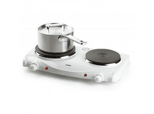 Charger l&#39;image dans la galerie, Une plaque chauffante électrique double blanche avec une casserole couverte dessus.
