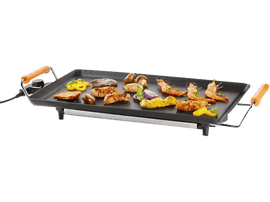 Un grill électrique noir avec divers aliments grillés, dont des légumes et des viandes.