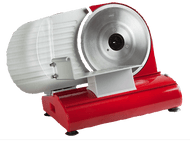 Trancheuse à viande rouge avec une grande lame circulaire et un protège-lame transparent sur fond noir.