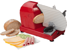 Charger l'image dans la galerie, Trancheuse à viande rouge avec pain, fromage, concombre et tranches de jambon sur fond noir. La nourriture est bien disposée.
