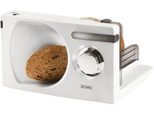 Charger l&#39;image dans la galerie, Trancheuse à pain blanche avec un pain à l&#39;intérieur. La marque DOMO est visible.
