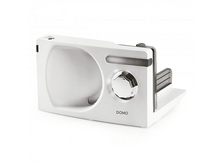 Charger l&#39;image dans la galerie, Trancheuse alimentaire électrique blanche et argentée, en angle, avec un cadran et le mot &#39;DOMO&#39;.
