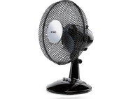 Ventilateur électrique noir avec grille métallique et logo argenté 'DOMO' au centre.