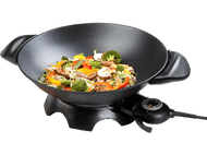 Wok noir avec de la nourriture à l'intérieur, sur une base noire. Comprend un cadran de température et un cordon d'alimentation.