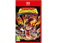 Couverture du jeu Donkey Kong Bananza. Donkey Kong avec un enfant sur le dos, entouré de roches en train de se briser. Cadre rouge, fond noir.