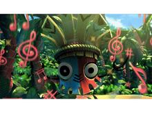 Charger l'image dans la galerie, Un masque de dessin animé avec des notes de musique et un fond de feuillage tropical.
