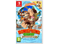 Boîtier de jeu Nintendo Switch. Couverture du jeu Donkey Kong Country. Donkey Kong et d'autres personnages sur une île tropicale.