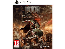 Couverture du jeu : Doom : The Dark Ages. Un guerrier en armure combat des démons. Logo PS5 en haut à gauche, 18 ans.