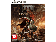 Couverture du jeu : Doom : The Dark Ages. Un guerrier en armure combat des démons. Logo PS5 en haut à gauche, 18 ans.
