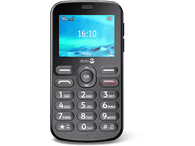 Téléphone Doro noir avec un petit écran affichant l'heure et le signal. Il a de gros boutons.