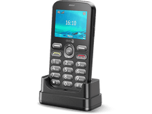 Charger l&#39;image dans la galerie, Téléphone mobile noir sur un socle de chargement. L&#39;écran affiche l&#39;heure et une option de menu.
