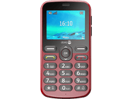 Téléphone Doro rouge. L'écran affiche l'heure et le signal 4G. Boutons pour les chiffres et les actions.
