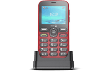 Charger l&#39;image dans la galerie, Téléphone portable rouge et noir avec un écran affichant l&#39;heure. Socle de chargement noir.
