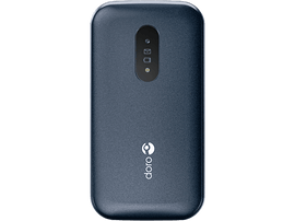 Un téléphone rectangulaire bleu foncé avec un écran noir est présenté sur un fond noir. La marque est 