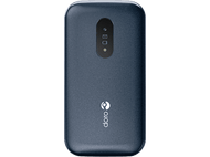 Un téléphone rectangulaire bleu foncé avec un écran noir est présenté sur un fond noir. La marque est 'doro'.