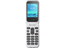 Charger l&#39;image dans la galerie, Téléphone à clapet blanc avec gros boutons, écran affichant l&#39;heure et fond blanc.
