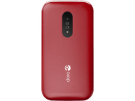 Un téléphone Doro rouge avec quelques icônes et le logo Doro au dos.