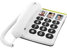 Charger l&#39;image dans la galerie, Téléphone blanc avec de gros boutons noirs et des photos. L&#39;étiquette indique &#39;PhoneEasy&#39;.
