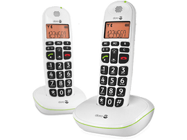 Deux téléphones sans fil blancs avec de gros boutons, des écrans et des bases. Un téléphone a un bouton d