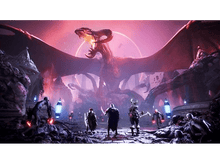 Charger l&#39;image dans la galerie, Art numérique d&#39;un dragon gueule ouverte, face à un groupe de guerriers, dans un cadre fantastique coloré.
