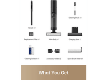 Charger l&#39;image dans la galerie, Composants d&#39;aspirateur: poignée, corps principal, brosse de nettoyage, base de chargement et accessoires.
