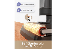 Charger l&#39;image dans la galerie, Base d&#39;aspirateur avec auto-nettoyage et séchage à air chaud. Brosse rotative et icônes visibles.
